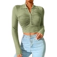 thumbnail image 3 of Xuanfei Women Bust Ruched Long Sleeve Button Front Crop Solid Color Slim Top, 3 of 7