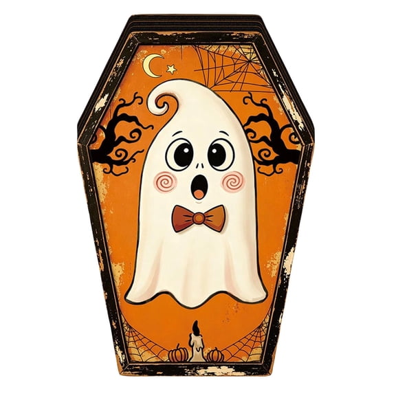 Halloween Table Decor, 6 X 4.5 X 1 Inch Vintage Spooky Cute Ghost Wooden Coffin Sign, Halloween Decorations for Home, Halloween Party Decor 1 Pack