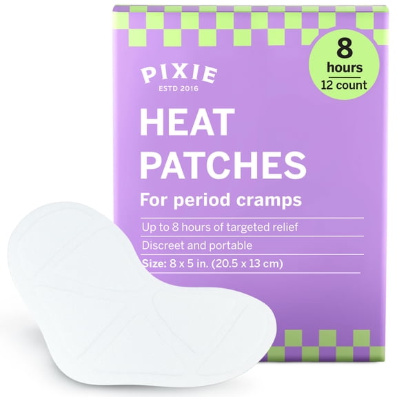 Pixie 8-inch Menstrual Pain Relief Heat Patches – Up to 8 Hours of Warming Comfort – Air-Activated Disposable Heat Pads – Wearable Body Warmers (12 Count)