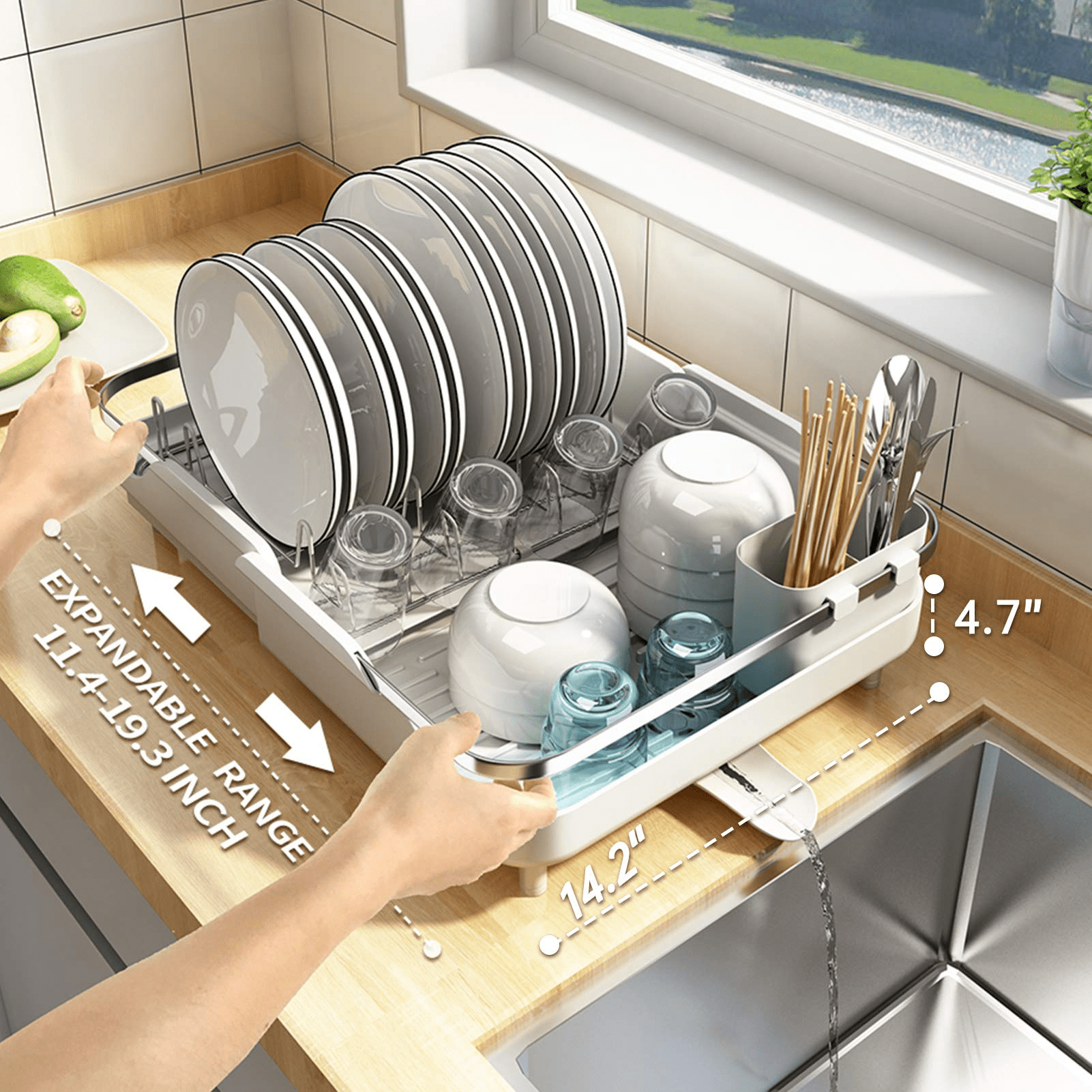 SAYZH Dish Drying Rack, Stainless Steel Dish Rack and Drainaboard Set, Expandable(115-193) Sink Dish Drainer with Cup Holder Utensil Holder for Kitchen