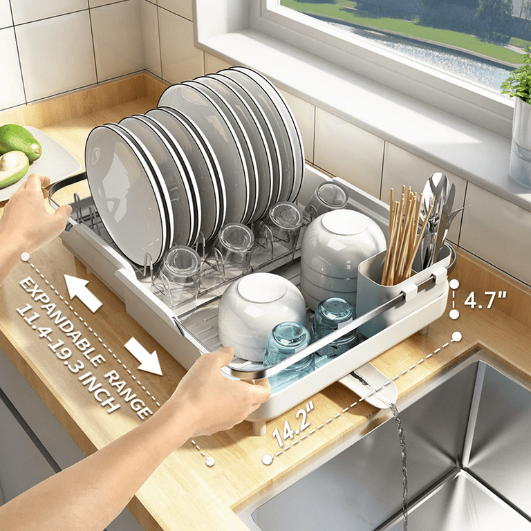 Dish Drying Rack - Expandable Dish Racks - Large Stainless Steel Dish  Drainer for Kitchen Counter with Utensil Holder and Cup Holder, Grey