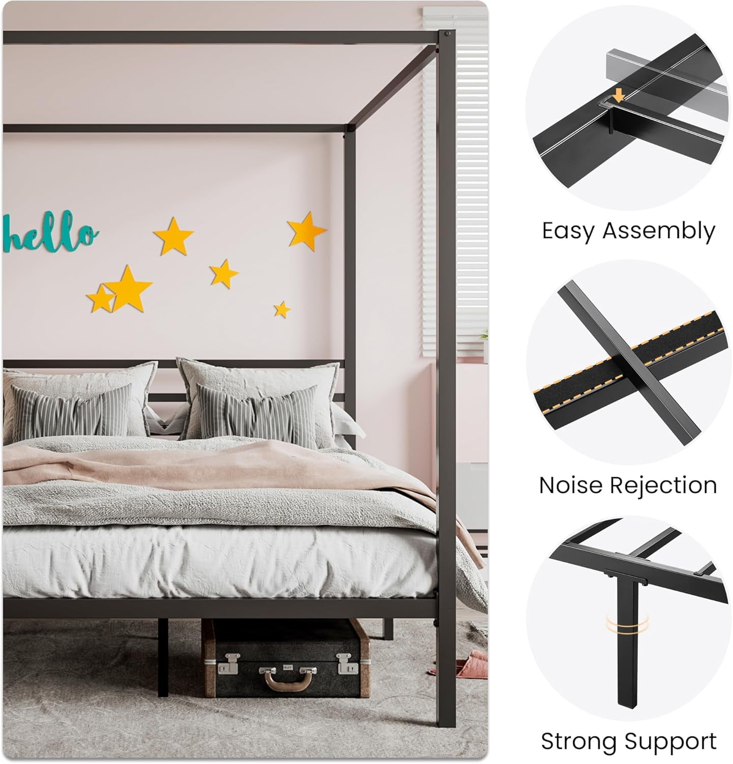 SHA CERLIN Queen Size Canopy Bed Frame with Metal Slats Support, Black