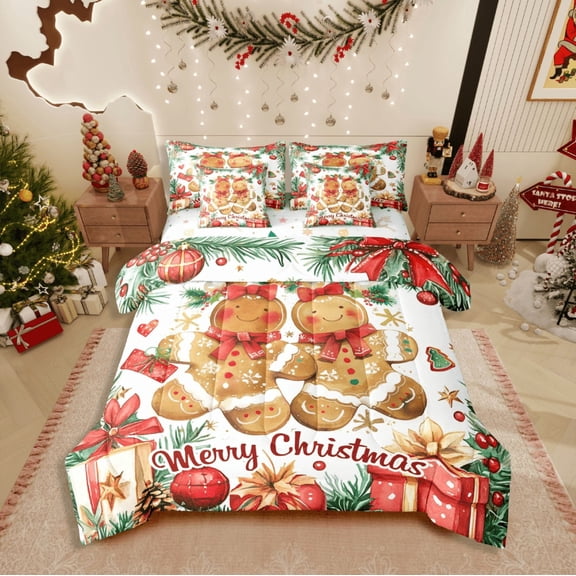 Castle Fairy Gingerbread Man 7-Piece Twin Bedding Sets for Girls,Kawaii Bowknot Bedding Comforter Set,Happy New Year Breathable Sheet Sets,Breathable Home Decor