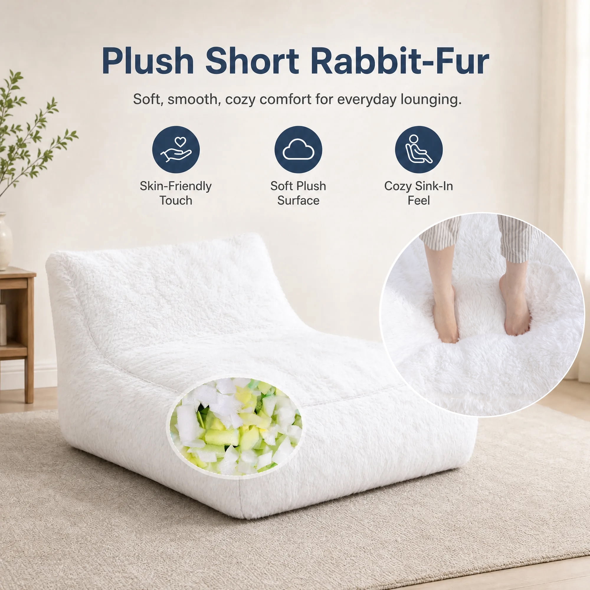 Alvantor Convertible Plush Sofa Bed with Ottoman and Pillow, Oversized Shaggy Faux Fur Floor Sofa, Foam Filled Armless Sleeper for Living Room, Bedroom, Dorm