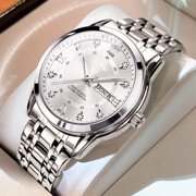 Mens watch, business high-end waterproof dual calendar luminous steel band quartz watch, mens wristwatch, fashionable trendy watch