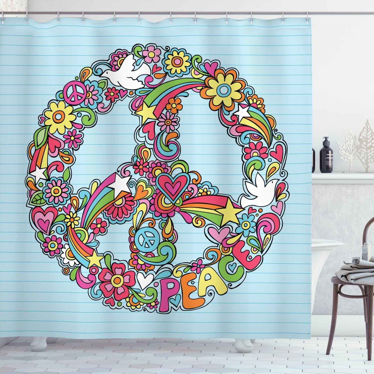 Hippie Shower Curtain, HandDrawn Psychedelic Groovy Floral Peace Sign and Dove Doodles on Line