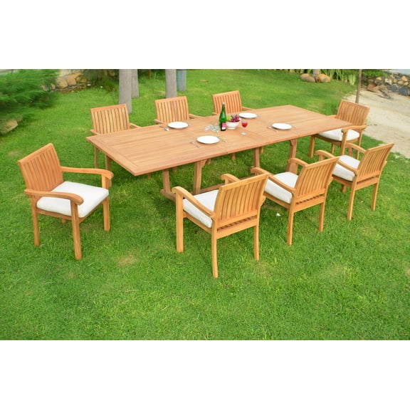 Teak Dining Set:8 Seater 9 Pc - Large 118" Mas Rectangle Table(Trestle Leg) and 8 Stacking Napa Arm Chairs Outdoor Patio Grade-A Teak Wood WholesaleTeak #WMDSNPl