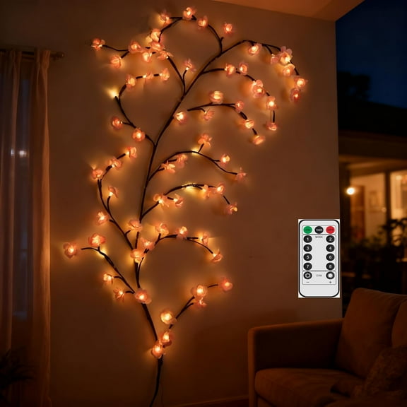 90 Inch Cherry Blossom Tree Light with Remote, 144 LED Cherry Blossom Branch Lights for Wall, 8 Lighting Modes&Timer, Flexible DIY Indoor Decoration for Home, Wedding, Party (144LED-90inch)