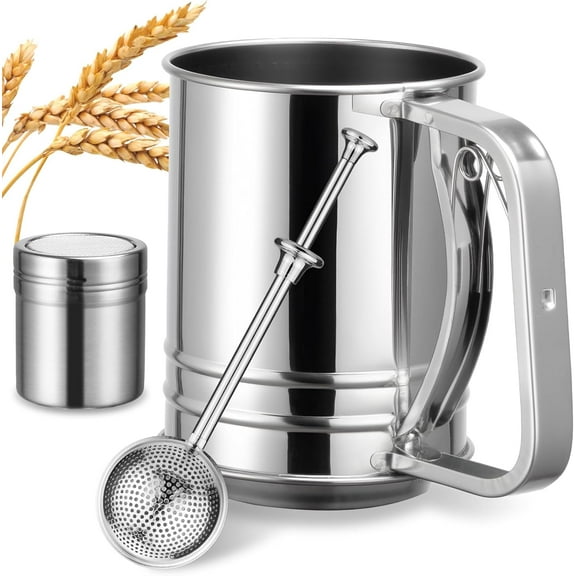 Stainless Steel Flour Sifter with Soft Grip Handle, 3 Cup Capacity, Double Layer Fine Mesh for Sifting Flour, Sugar, and Coffee Powder, Durable Kitchen Gadget Tool for Baking and Pastry