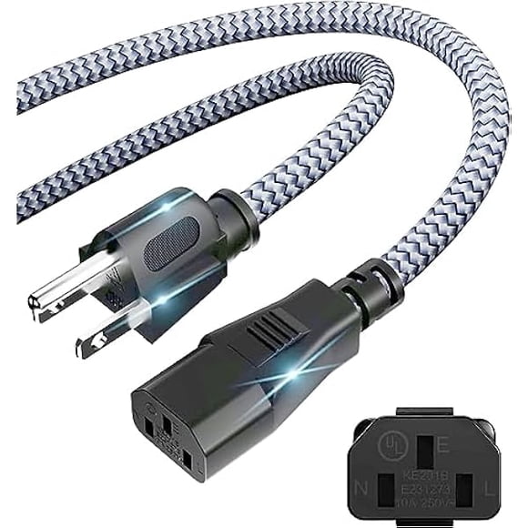 xixishop UL Certified Power Cord - 3 Pin AC Power Cable, 16.4FT / 5m, Nylon Braided, 10A 18AWG, Universal Power Cable for Computer, Monitor, Printer