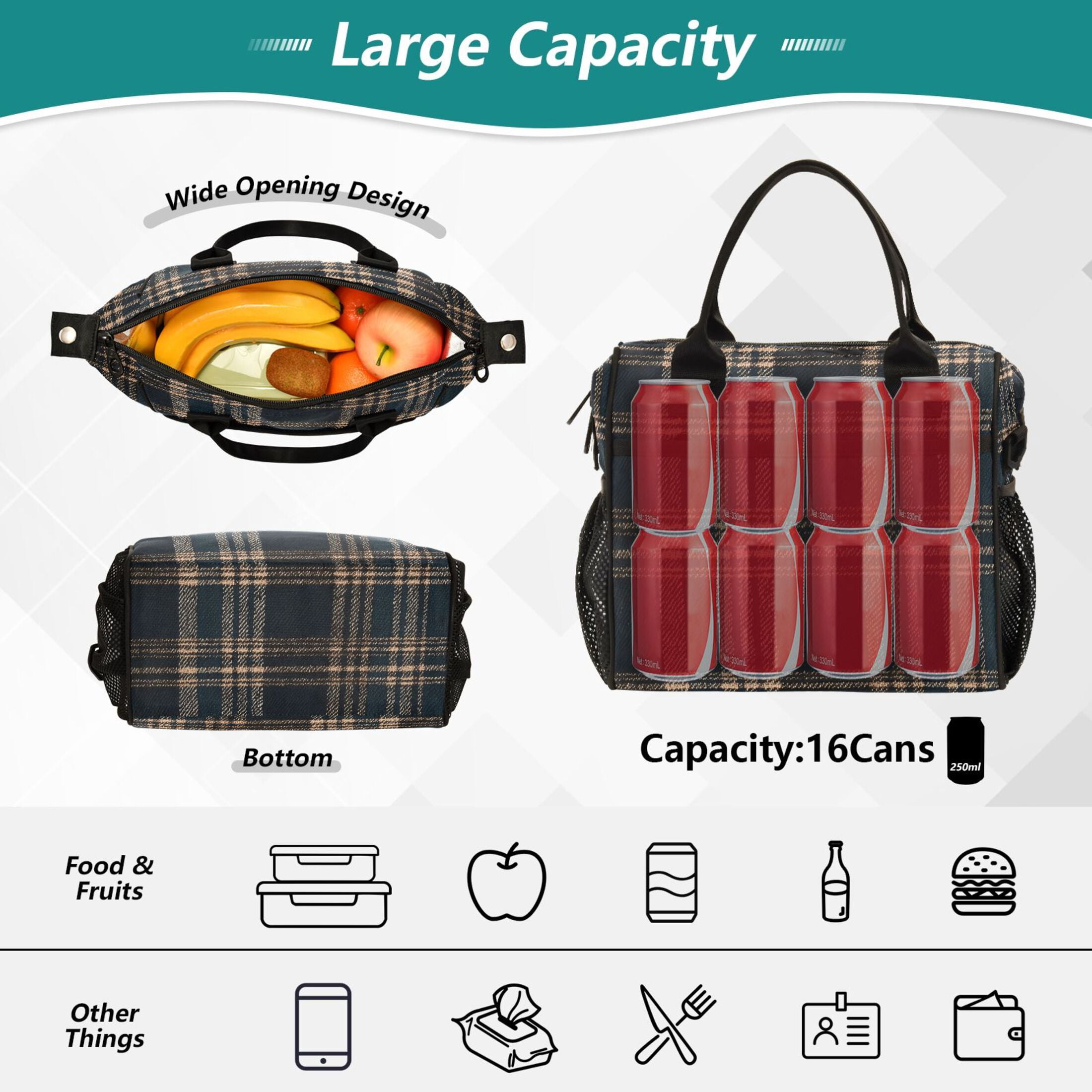 Lunch Bag Insulated Lunch Box Leakproof Reusable Cooler Tote Adjustable Shoulder Strap for Men Women Dark Green Brown Tartan 12L