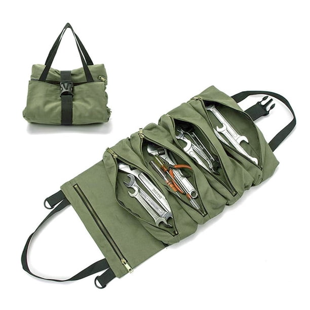 Bolsa de Herramientas Enrollable de Lona 16A liwang con 5 Bolsillos con Cremallera Verde
