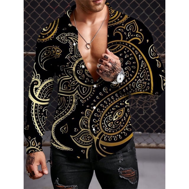 Camisas de manga larga con estampado retro para hombre, ropa de tendencia étnica, camisetas casuales de manga larga para exteriores de temporada para hombre, camisetas grandes para hombre