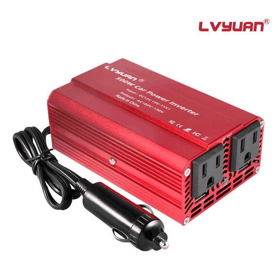 LVYUAN 500W Car Power Inverter 12V DC to 110V AC Vehicles Converter 2 AC Outlets 2USB Car Charger Plug Adapter for Laptop, Computer, Car, RV, Camping & Home Red