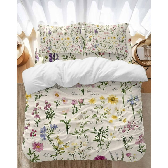 Vintage Watercolor Bedding Duvet Cover Set Queen Size 4 Pieces Wildflowers Leaves Botanical Rustic Bedding Set with Zipper Closure, 1 Comforter Cover 90x92 Inches 1 Flat Sheet & 2 Pillow Cases