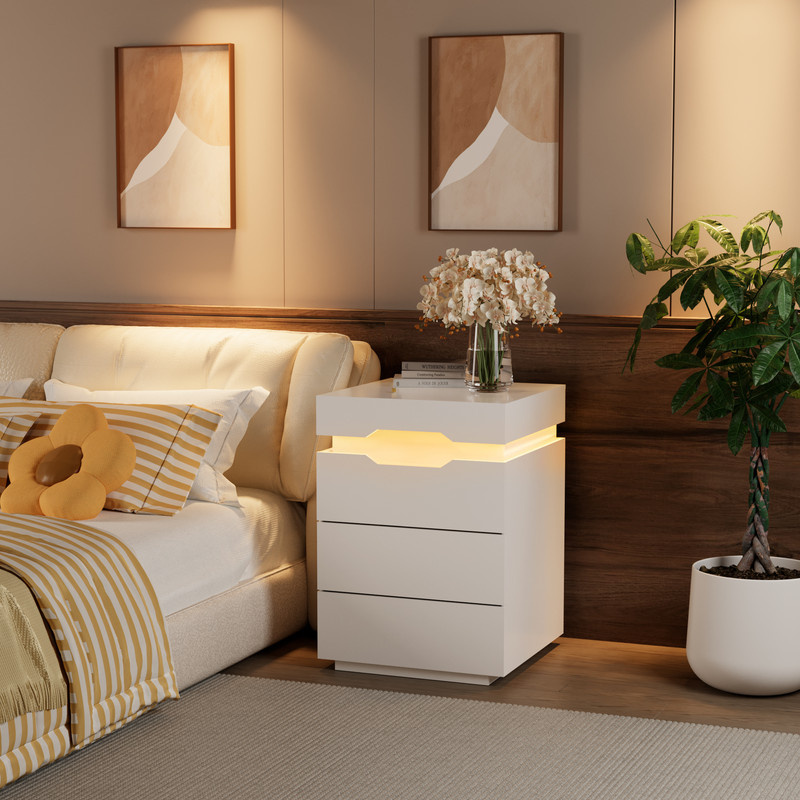 Vineego LED Nightstand with Charging Station, End Table Beside Table with 3 Drawers & Sliding Top for Bedroom Living Room,White