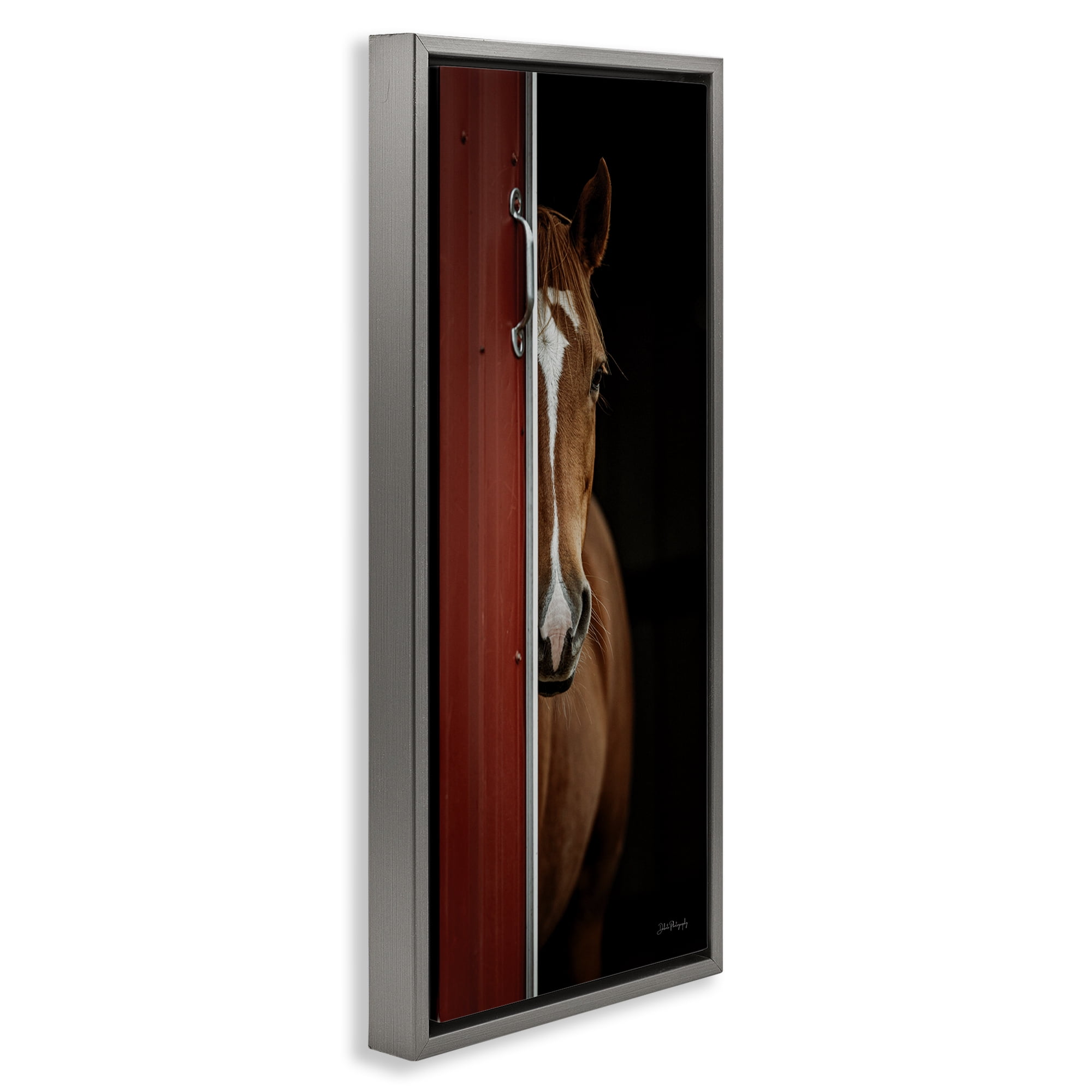 Stupell Industries Brown Stallion Peeking Animals & Insects Photography Gray Floater Framed Canvas Art Print Wall Art, 15 x 31