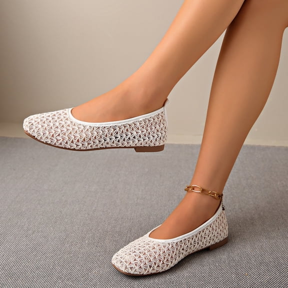 Domzle Mesh Ballet Flats for Women Slip On Round Toe Comfy Casual Office Ballerina Flat Shoes Breathable Comfortable Round Toe Pull-On Shoes White
