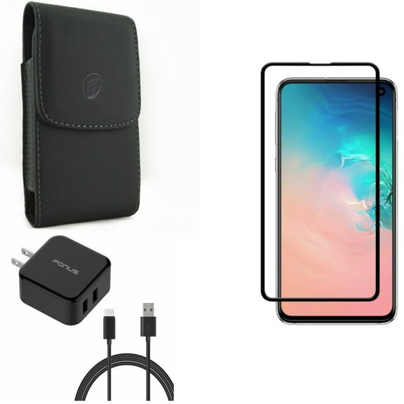 Galaxy S10e Quick Home Charger w Case Belt Clip w Screen Protector - 30W 6ft USB Cable 2-Port USB, Leather Holster Cover, Tempered Glass 5D Curved Edge for Samsung Galaxy S10e Phone