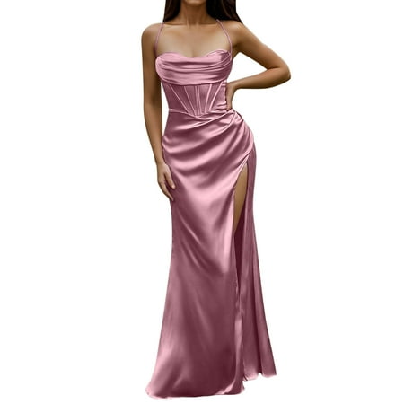 Blphud Womens Shoes Dressy Casual Party Dress Women Women Sexy Corset Maxi Dress Silky Strap Push Up Fishbone Ruched Evening Party Long Dresses Formal Dresses for Women Prom Pink XL