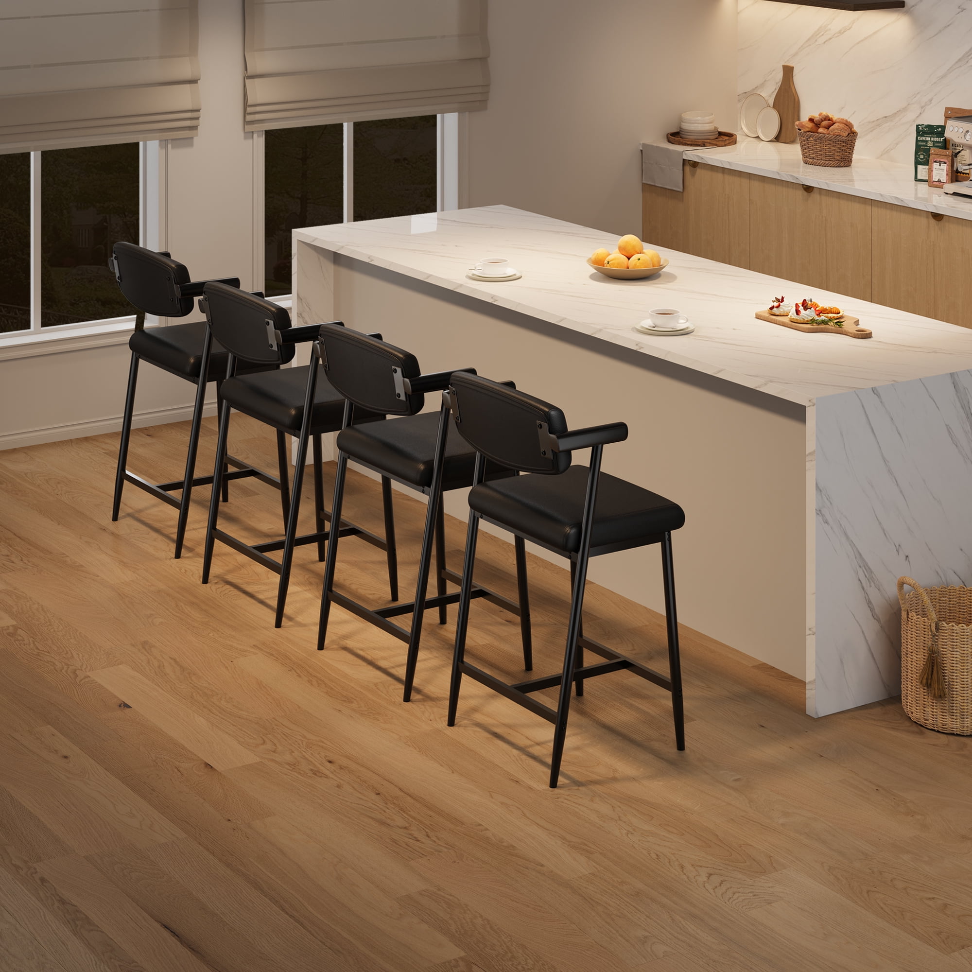 Counter Height Bar Stools Set of 4 with Back and Armrests, 25.59 Inch PU Leather Upholstered Bar Chairs, Metal Base Dining Chairs with Footrest for Kitchen Island Home Bar, Black