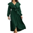 thumbnail image 1 of Vestido cruzado con falda larga y vuelo, sexy, con cuello en V, manga larga, con lazo en la cintura, informal, para mujer - Verde oscuro, 1 of 7