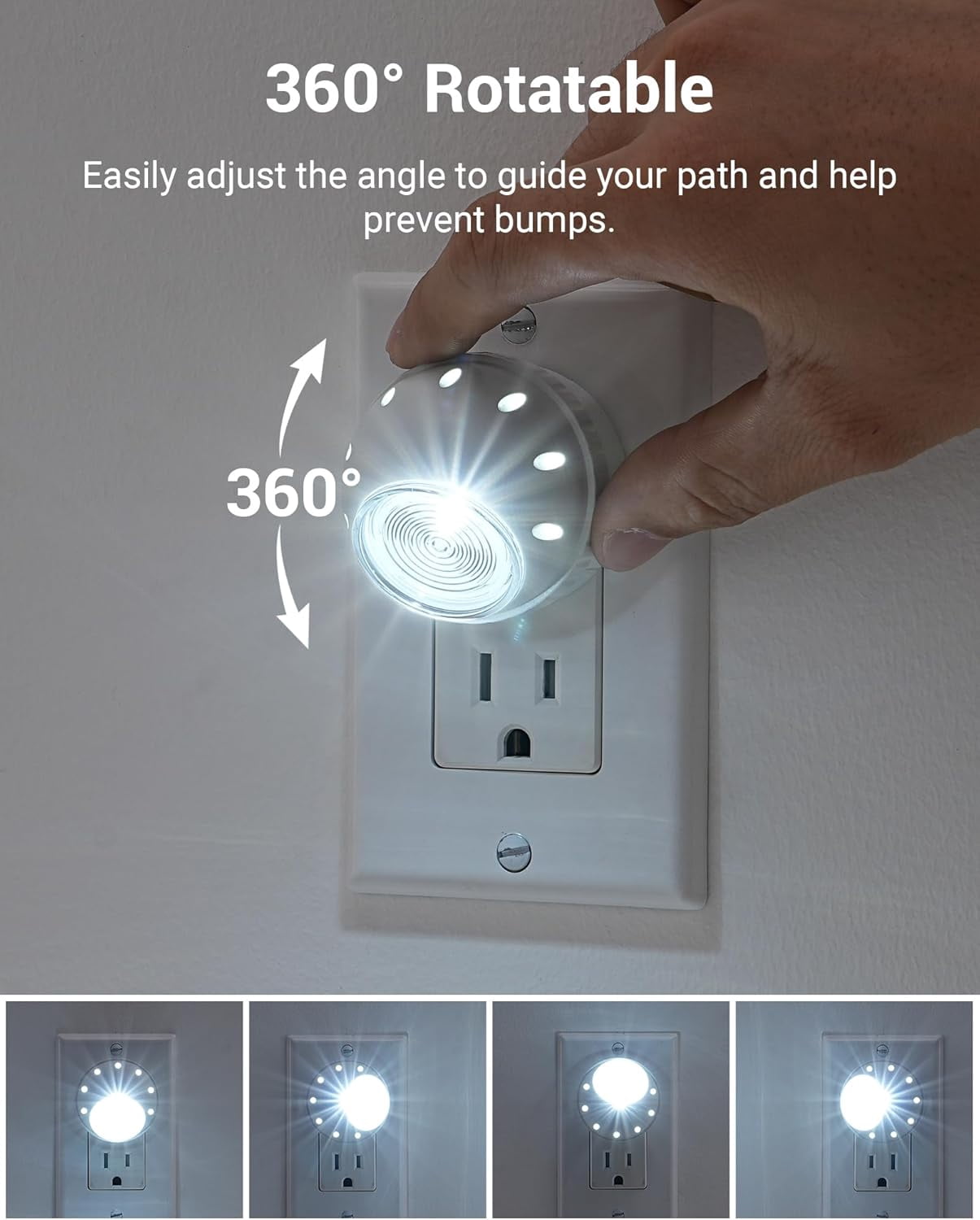 Plug in Night Lights into Wall, Dusk to Dawn Sensor, 360° Rotating, Directional LED Nightlights for Kids, Nursy, Hallway, Bathroom, Bedroom, Cool White, 4 Pack