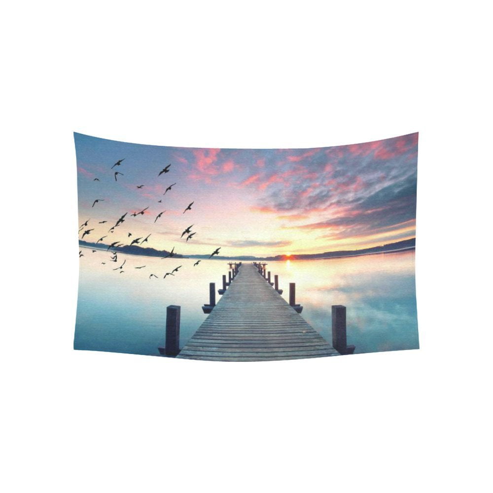 GCKG Bird Sunrise Wood Bridge Way Pier Lake Tapestry Wall Hanging Cloud
