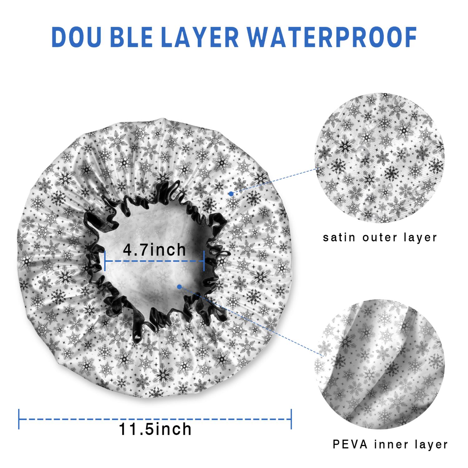 Shower Caps,Black and White Christmas Snowflake Pattern Waterproof Shower Cap for Women 4 Pieces,Double Reusable Hair Cover for Shower PEVA Elastic Stretch Hem