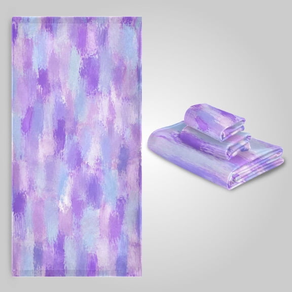 3 Pack Towel Set - Bath Towel, Hand Towel & Washcloth for Daily Household Use Purple Brushstroke Pattern