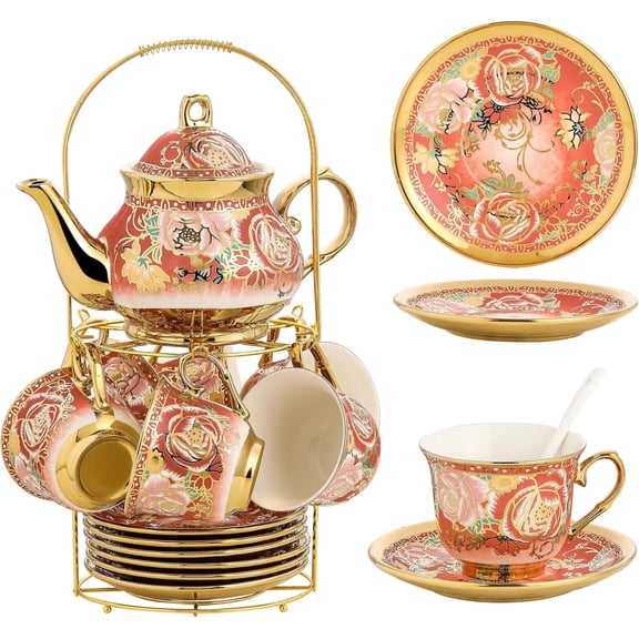 20 Pieces Porcelain Tea Set With Metal Holder, European Ceramic tea set for adults,Flower Tea Set,Tea Set For Women With Flower Painting