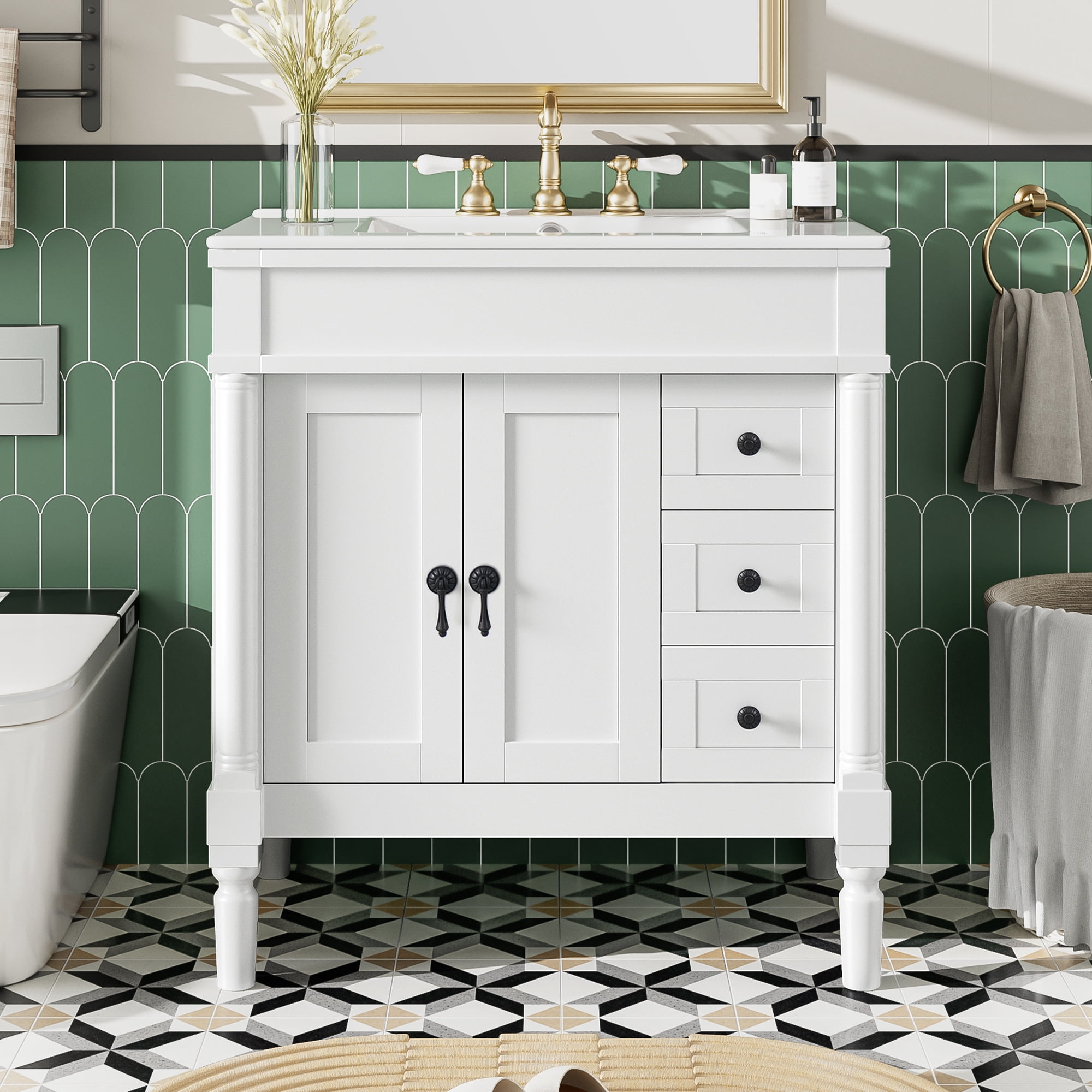 Euroco 30-Inch Modern Bathroom Vanity, Solid Wood Frame + MDF, 2 Doors 3 Drawers, Soft-Close Design, U-Shaped Adjustable Shelf, Ceramic Sink, Bathroom Storage Cabinet Set