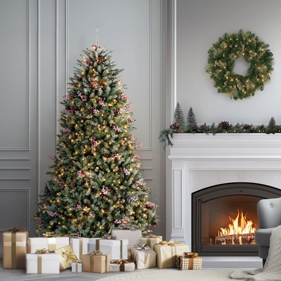 National Tree Company 7.5 ft Pre-Lit Dunhill Fir Artificial Christmas Tree with 750 Clear Lights, Snow-Dusted Branches
