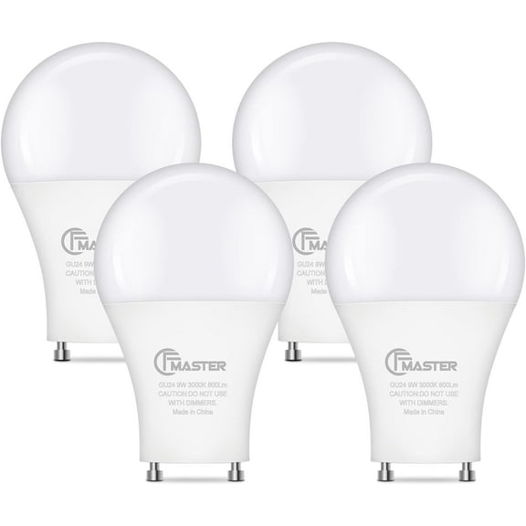 GU24 LED Light Bulb, 3000K Warm White, 9W(100W Equivalent), 800 Lumens, A19 Shape GU24 LED Bulbs, Twist and Lock GU24 Pin Base with Two Prongs, Non-Dimmable, UL ETL Certificated(4-Pack)