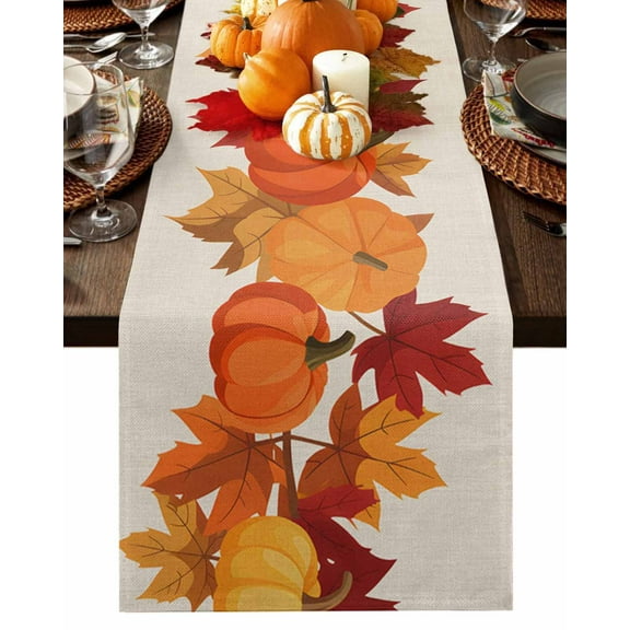 Autumn Thanksgiving Pumpkins Maple Leaves Table Runner-36 Inch Long Vintage Linen Table Runners Linen Burlap Tablerunner for Kitchen Dining Room Holiday Party
