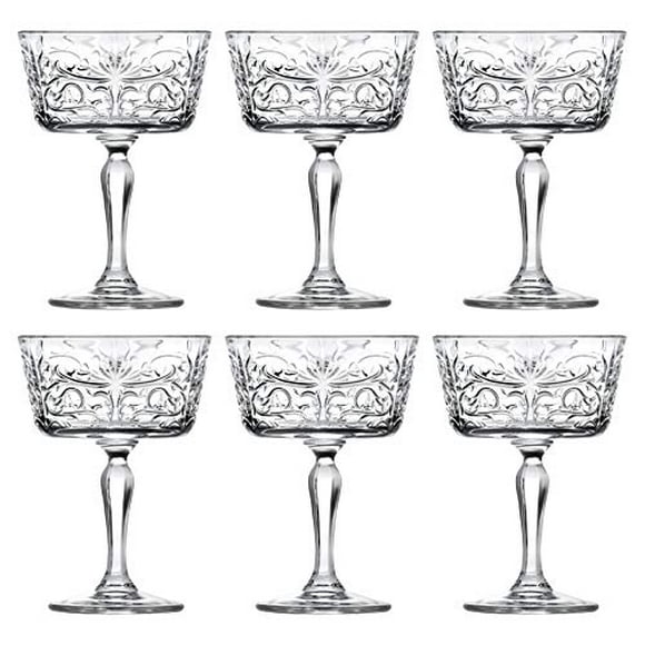 Champagne Glasses - Flute - Saucer - Belle Coupe - Set Of 6 Glasses - Glass Crystal - Glass Has Tattoo Design -9 Oz. - By Barski - Made In Europe