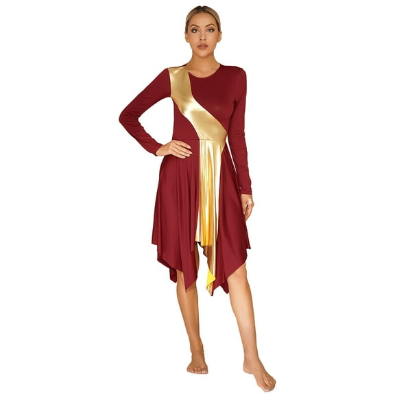 ranrann Women's Long Sleeve Liturgical Worship Dance Dress Irregular Hem Praise Lyrical Dancewear Burgundy S