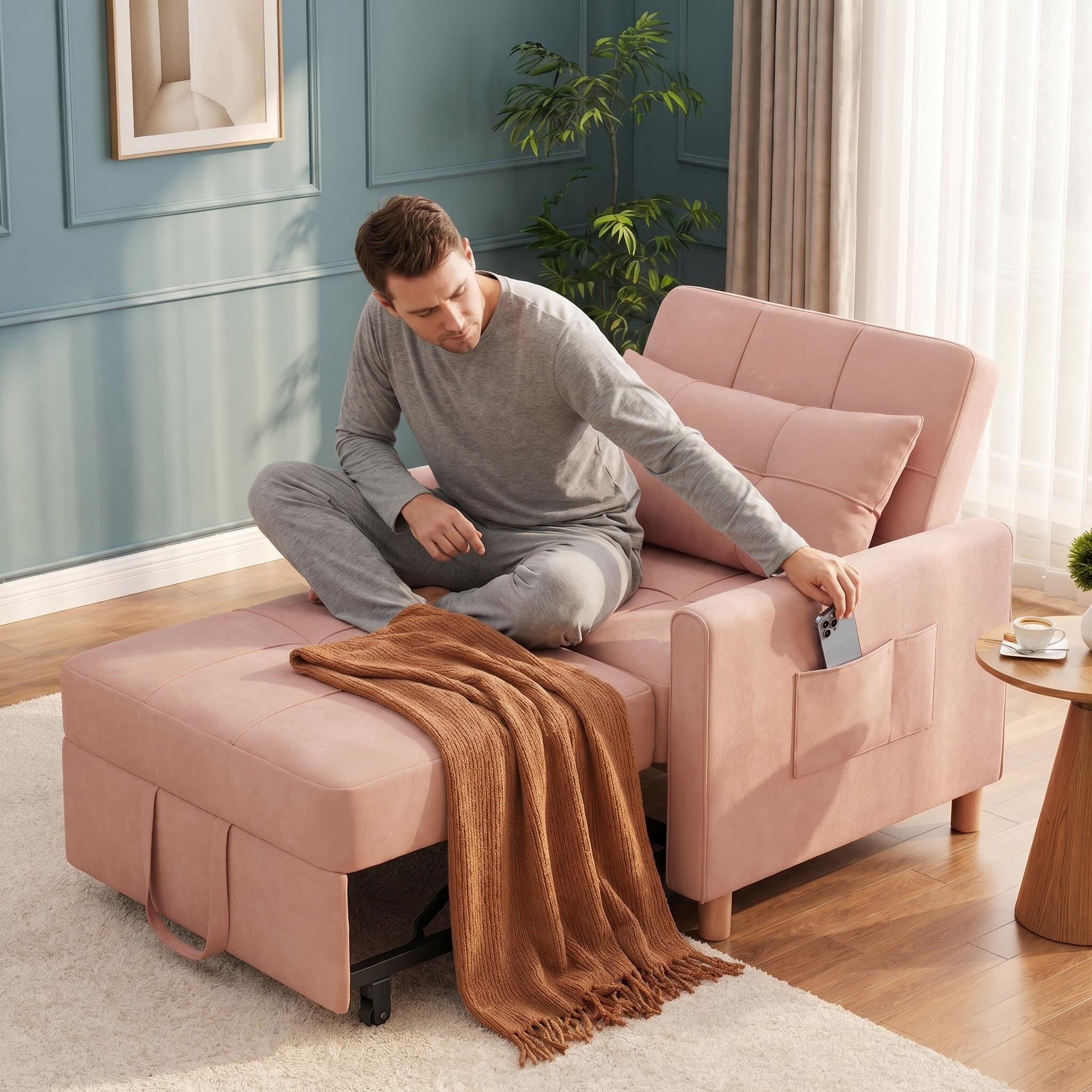 Sleeper Sofa, Lofka 3 in 1 Convertible Single Sofa Bed with Pull Out Couch for Living Room, Apartment,Pink