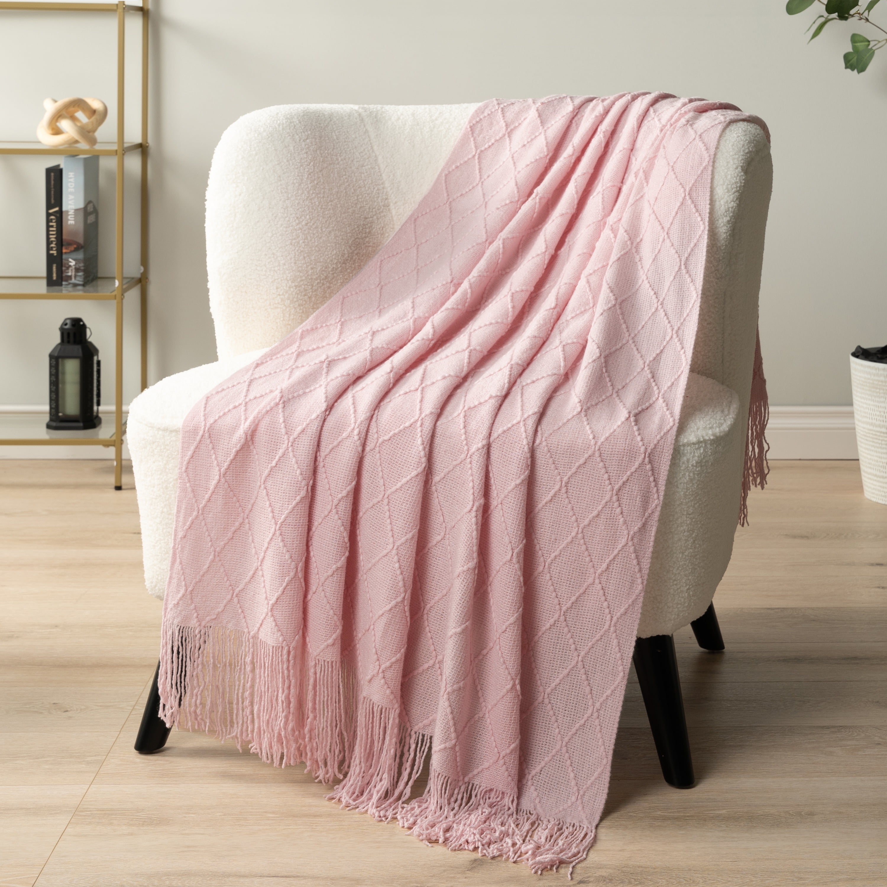 PAVILIA Light Pink Knit Throw Blanket for Couch, Twin Bed, Soft Knitted Farmhouse Sofa Throw for Living Room, Lightweight Decorative Summer Blanket for Chair, Outdoor Textured Boho Blanket, 60x80