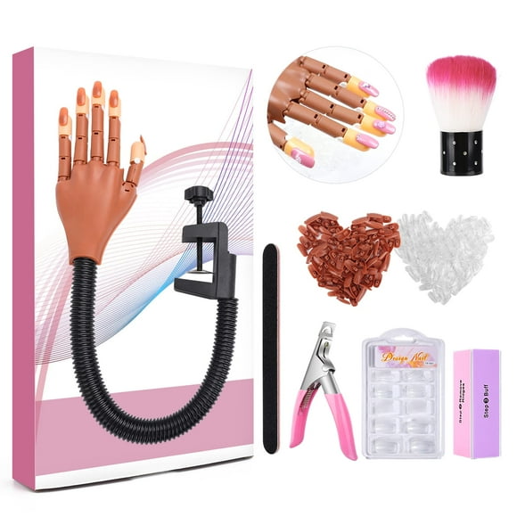 LIONVISON Mano de práctica para uñas acrílicas, kits de entrenamiento de manos flexibles para práctica de uñas, manos falsas para práctica de uñas, mano de maniquí de uñas móvil con 300 puntas de uñas