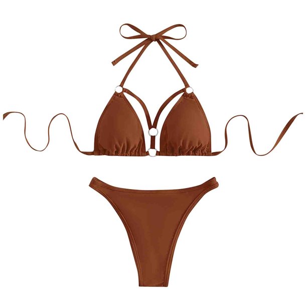 Knosfe 2 Piece Bathing Suit Solid Low Rise Thong Bikini Set Women Halter Strappy Triangle