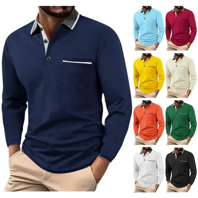 Txeol Long Sleeve Golf Shirt Men with Pocket Casual Button Collared Slim Fit T-Shirts,Navy,S