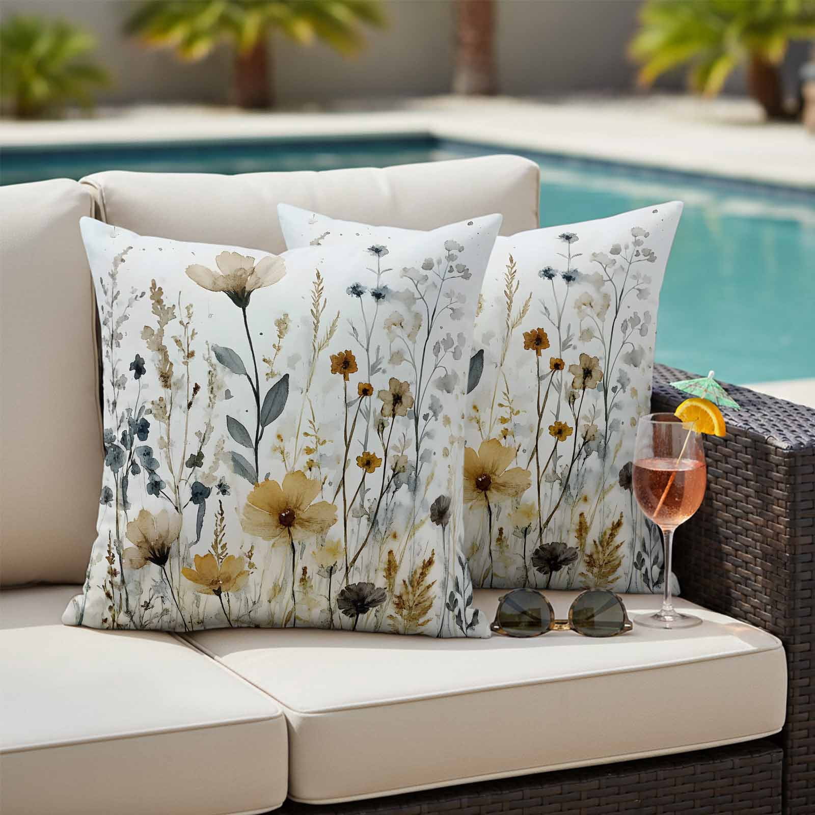 Watercolor Botanical Floral Outdoor Waterproof Pillow Covers, Farmhouse Garden Decorative Square Throw Pillowcase Sofa Cushion Sham for Patio/Couch/Chair, 18"x18" 2 Pack