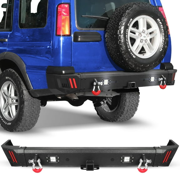 POFENZE Fits 1999-2004 Land Rover Discovery Series II Rear Bumper Offroad Rear Bumper w/Step Plate, Fog Lights