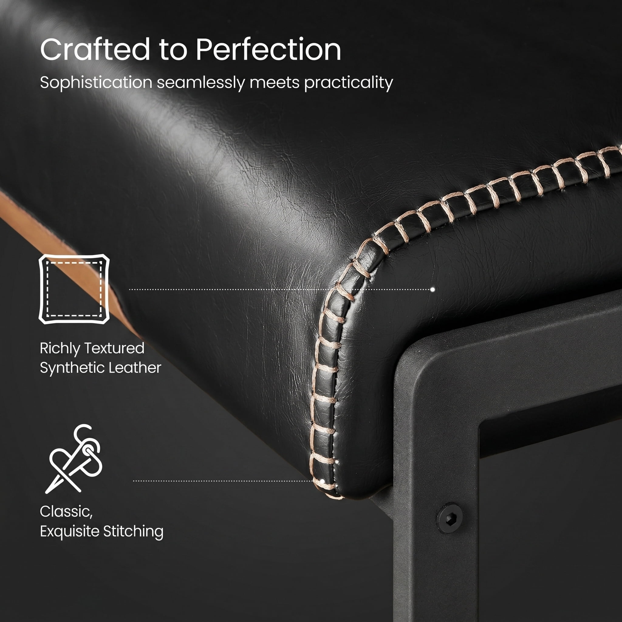 26.4 in. Ink Black Counter Height Bar Stools with Back and Synthetic Leather Stitching (Set of 2)