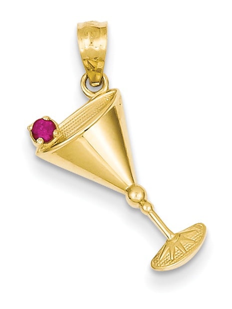 14k Yellow Gold Martini Glass with Red CZ Cherry Pendant 22mmx10mm 