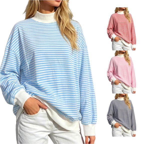 Unir Women's Color Block Neck Layering Sweatshirt Horizontal Stripe Oversized Rib Long Sleeve Casual Pullover Top 1PC S-XL Plus Size Friendly