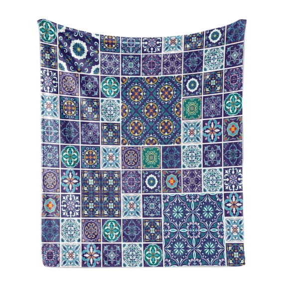 Ethnic Soft Flannel Fleece Blanket, Traditional Mosaic Azulejo Portuguese Cultural Ceramic Tiles Folk Design, Cozy Plush for Indoor and Outdoor Use, 50" x 70", Teal Indigo Navy Blue, by Ambesonne
