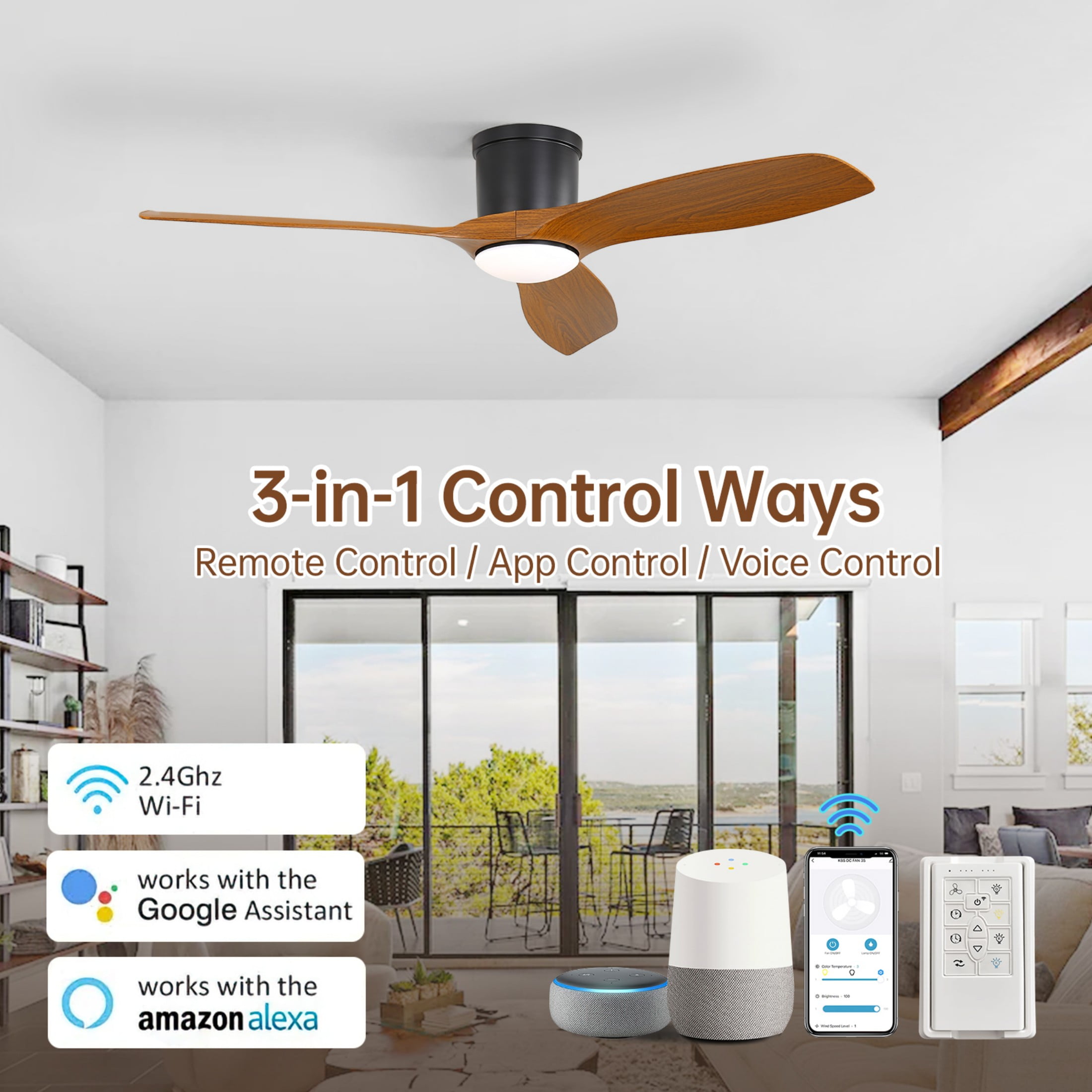 Sofucor 52-Inch ABS Flush Mount Black Ceiling Fan with Integrated LED Light and Remote Control,Smart Ceiling Fan and APP Control