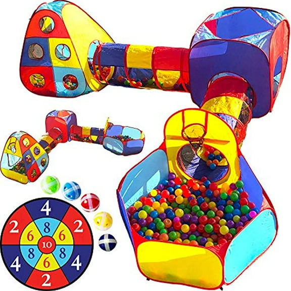 Playz 5pc Kids Playhouse Jungle Gym Ball Pit with Dart Board 5 Sticky Balls Fold Up Pop Up Tents Tunnels Basketball Pit Play Center for Boys Girls Baby Toddlers w Travel Zipper Storage Bag